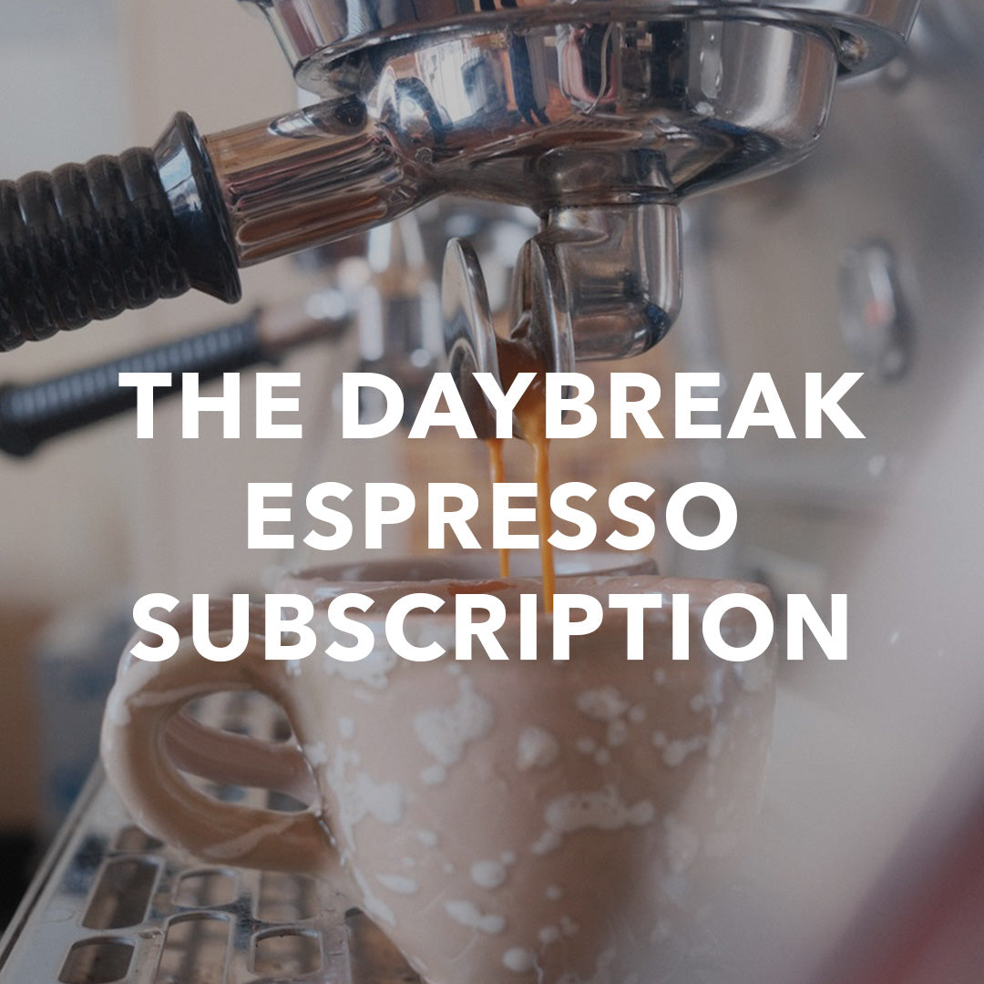 Espresso being poured into a cup with text overlay &